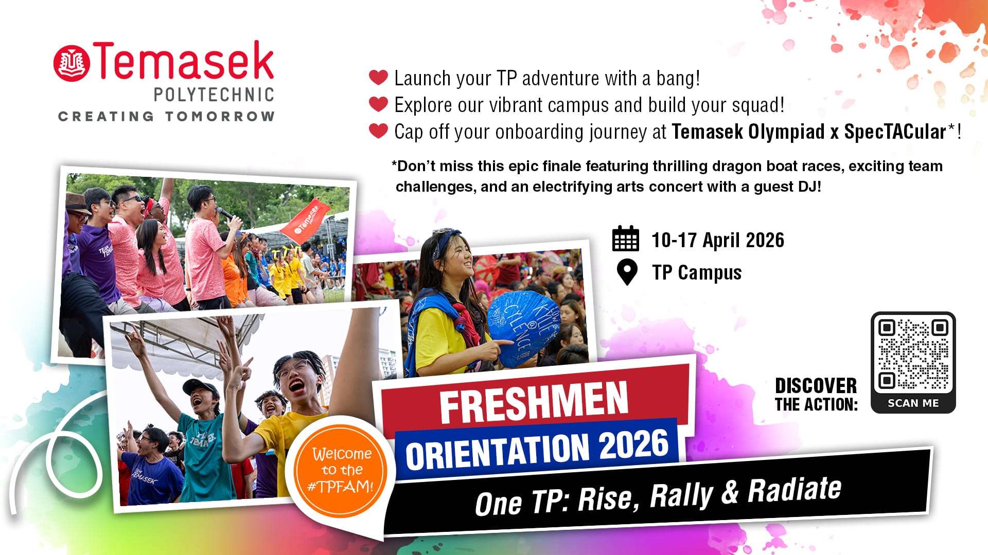 Temasek Polytechnic Freshmen Orientation 2026 promotional flyer with student photos and event details for April 10-17